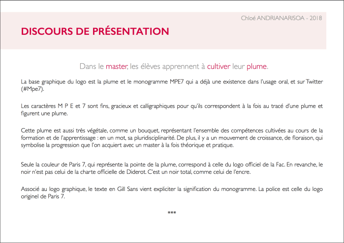 Charte graphique d'une proposition de logo pour le Master Professionnels de l'écrit de Paris 7 © Chloé Andrianarisoa